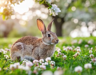 Brauner Hase auf einer bl&uuml;henden Fr&uuml;hlingswiese im warmen Sonnenlicht mit weichem Bokeh-Hintergrund &ndash; nat&uuml;rliche, ruhige Szene mit zarter Fr&uuml;hlingsstimmung und Bezug zu Ostern.