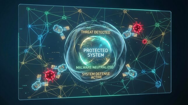 Digital protective shield displaying an active defense system, detecting external threats and neutralizing malware to secure a global network and cyber environment