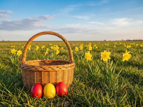 Geflochtener Osterkorb mit roten und gelben Ostereiern auf einer weiten Fr&uuml;hlingswiese mit bl&uuml;henden Narzissen unter blauem Himmel