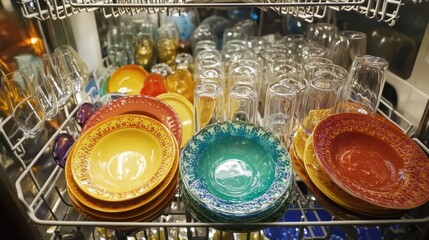 Colorful dishes inside a dishwasher