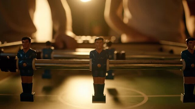 Close-up of foosball table player figures with hands operating rods in warm indoor light, concept for leisure activity, team building exercise and competitive fun