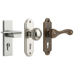 Three luxury door handles (modern lever, classic knob, vintage ornate) featuring detailed metallic textures, razor-sharp focus, isolated on a transparent background. Concept of premium interior design