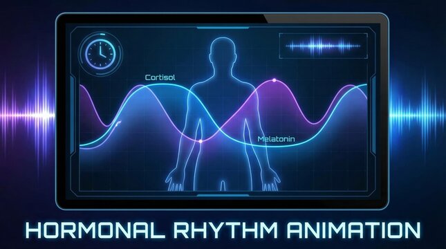 Human body outlining showing a scientific visualization of circadian rhythm impacting cortisol and melatonin hormone levels, illustrating the daily cycle regulating sleep and wakefulness health