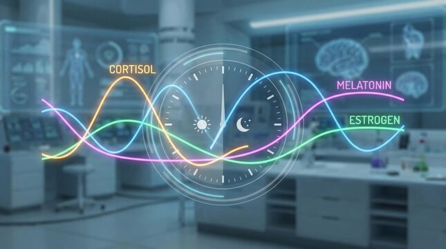 Body's natural sleep-wake cycle impacting various hormone levels like cortisol, melatonin, and estrogen, displayed with a graphical clock in a laboratory setting