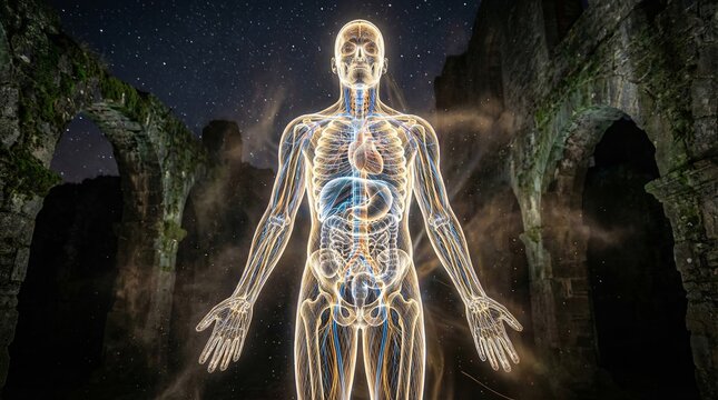 Male body displaying a glowing skeletal and organ structure, representing spiritual energy or consciousness, standing against a background of ancient stone arches with a starry night sky