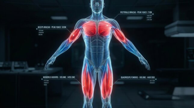 Human digital body model showing muscle groups highlighted in red, with overlayed force and volume data, representing advanced health analysis and futuristic medical technology