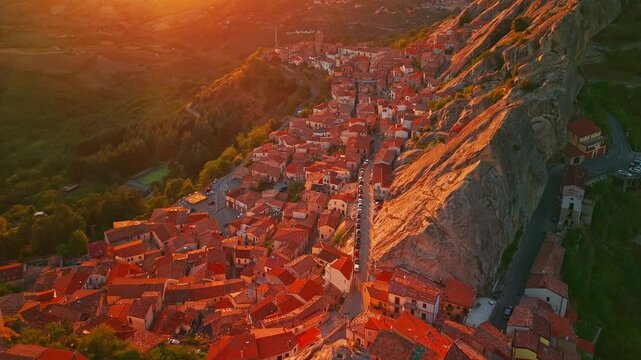 Aerial View of Castelmezzano Village at sunset in Basilicata Italy