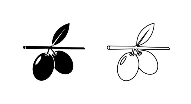 Two olives on a toothpick with a leaf, black and white illustration Vector