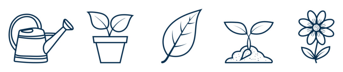 Stages of plant growth from seedling to flowering plant with watering can © Rayhan Studio 