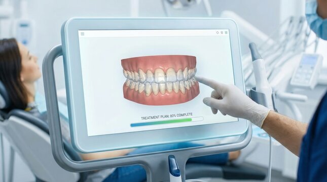 Dentist in protective gloves showing a patient her digital 3d dental scan on a screen, presenting a virtual transparent aligner treatment plan in a modern clinic