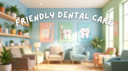 Fototapeta premium Cheerful dental waiting room featuring colorful chairs, potted plants, and cartoon tooth decor on the walls, creating a welcoming and calming environment for patients
