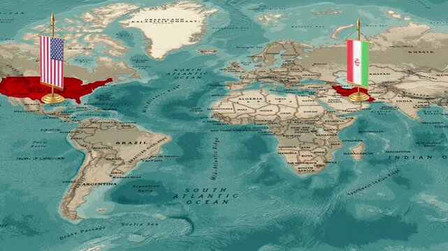 World Map Highlighting USA And Iran With National Flags Representing Diplomatic Relations