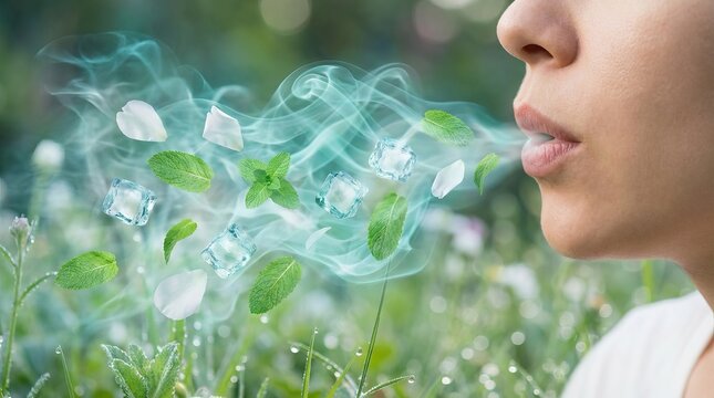 Woman exhaling a refreshing minty vapor, symbolizing cool breath and freshness, with floating mint leaves and ice cubes against a natural green outdoor background