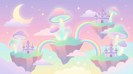 Fototapeta premium Mystical floating islands with castles and rainbows in a dreamy sky scene viewed from afar serenely