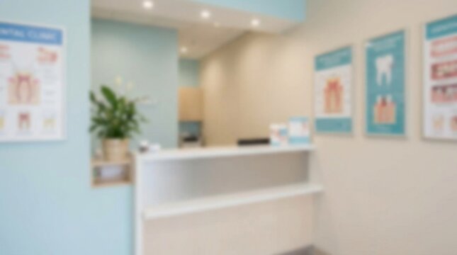 Dental clinic reception area featuring a clean, empty front desk and various educational posters on oral health and dentistry visible on the walls, blurring the background