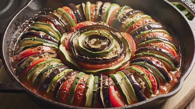 Vibrant vegetable tart in cast iron skillet on rustic wooden table
