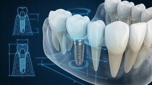 Dental implant system displaying blueprint diagrams and a realistic model of teeth with a prosthetic crown, representing advanced dentistry and oral surgery concepts