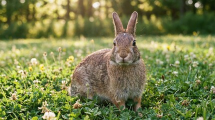 Eastern cottontail wild rabbit sitting alert in a vibrant green meadow filled with clover and wildflowers, illuminated by warm natural sunlight creating a peaceful summer scene