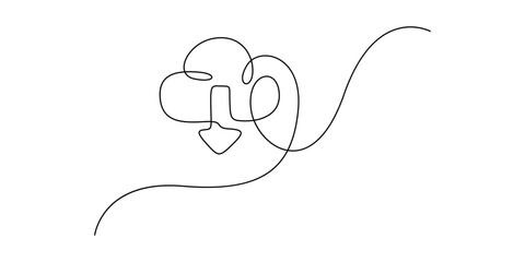 Continuous line art drawing of a cloud with a download symbol, digital icon vector illustration