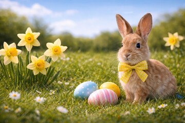 Niedlicher Osterhase mit gelber Schleife sitzt auf einer bl&uuml;henden Fr&uuml;hlingswiese neben bunten Ostereiern und Narzissen &ndash; stimmungsvolle, helle Osterszene mit nat&uuml;rlicher Atmosph&auml;re.