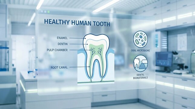 Dental technology concept showing a virtual screen with a detailed tooth diagram labeling enamel, dentin, pulp chamber and root canal, plus icons for oral microbiome and biomaterials