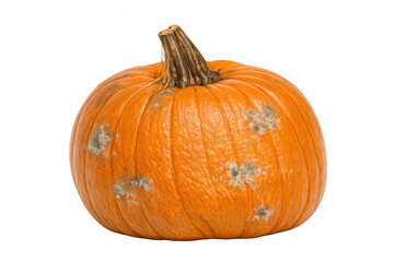 Rotten pumpkin showing visible mold growth on its orange surface, symbolizing food waste, decay, and the natural decomposition process, on transparent background