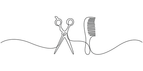 Continuous line drawing art scissors and a comb, Concepts for logo or design element for hair salons or barber shops