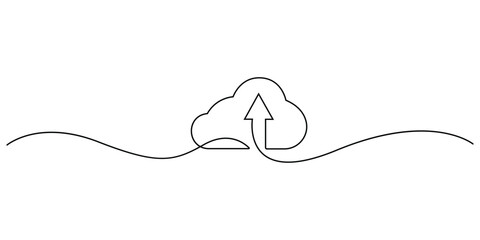 Continuous line drawing symbolizing cloud computing and data storage, Concepts for minimalist design of a cloud paired with an upload arrow, representing data transfer processes