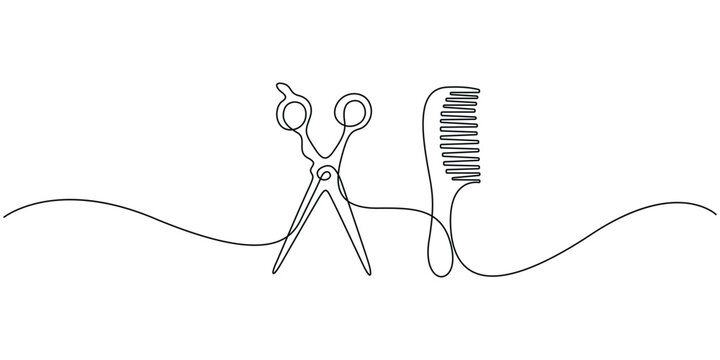 Continuous line drawing art scissors and a comb, Concepts for logo or design element for hair salons or barber shops