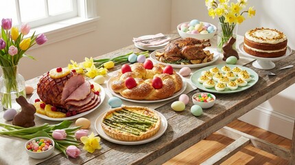 Naklejka premium Holiday table spread with glazed ham, roasted chicken, asparagus quiche, deviled eggs, easter bread wreath, carrot cake, chocolate bunnies, colorful dyed eggs, jelly beans, tulips and daffodils