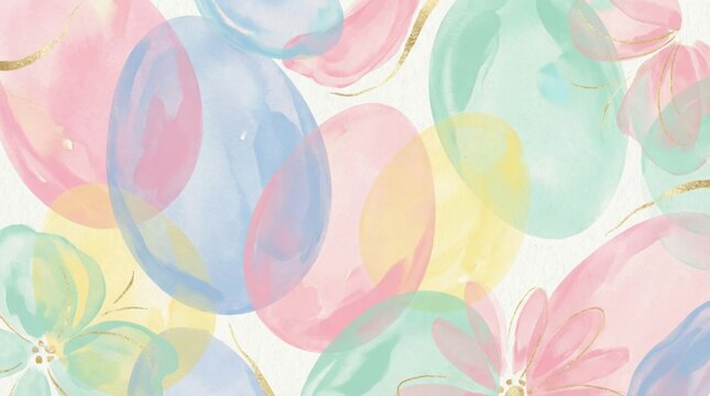 Abstract watercolor easter egg pattern showcasing pastel colors like pink, blue, yellow, and green, with subtle golden floral accents creating a festive and artistic spring background