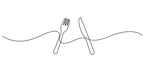 Continuous line drawing of a fork and a knife vector design outline isolated white background
