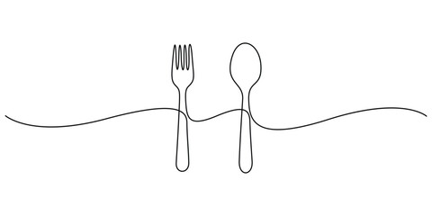 Minimalist illustration of a fork and spoon continuous line drawing, Concepts for logos or culinary branding
