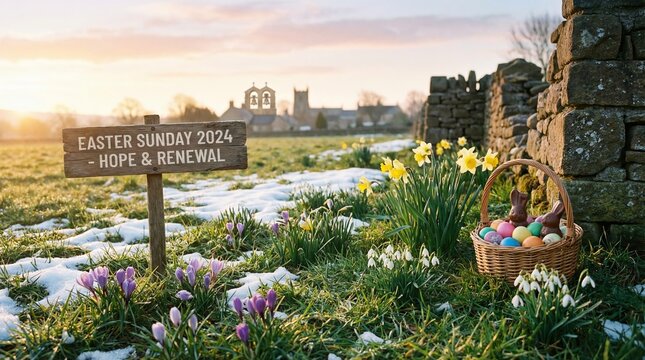 Easter eggs and chocolate bunnies filling a basket next to blooming daffodils and crocuses, with a rural church and a sign reading easter sunday 2024 - hope & renewal in a snowy field at sunrise