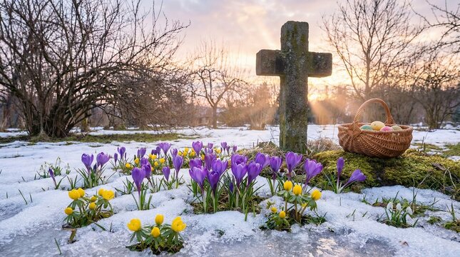 Stone cross in thawing snow with purple crocuses and yellow winter aconite, sunrise light on an easter basket of eggs, symbolizing resurrection, hope and new beginnings