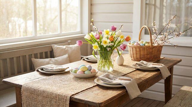Rustic wooden table setting for an easter brunch, featuring a vibrant bouquet of tulips and daffodils, pastel colored eggs in a bowl, and a wicker basket filled with eggs and flowering branches