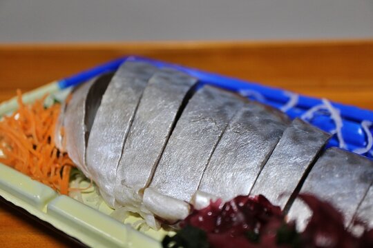 Shimesaba (vinegared mackerel sashimi) purchased at a supermarket in Tokyo, Japan