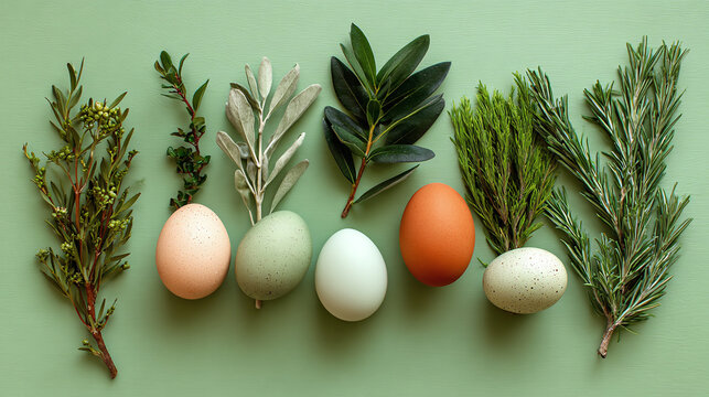 Fresh eggs and various green foliage arranged neatly on a soft pastel green background for spring.