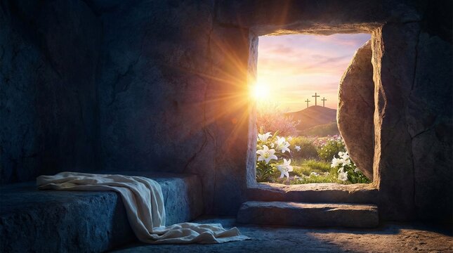 Empty tomb with a moved stone, representing jesus christ's resurrection at sunrise, showing white lilies and three crosses on a distant hill under a colorful sky