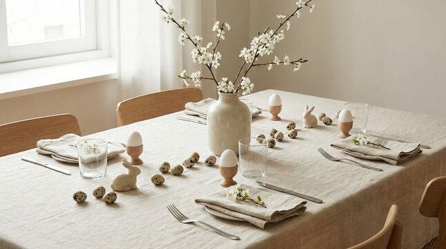 Dining table set for easter brunch with ceramic bunnies, whole and quail eggs in wooden cups, cherry blossoms in a linen vase, minimalist bright interior for family gathering