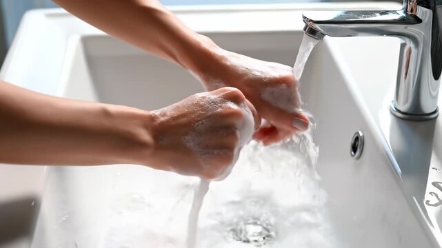 Hands immersed in soft bubbles, washing away impurities beneath a gentle stream of flowing water in a modern, sunlit kitchen. This scene embodies ritualistic care and self-purification.