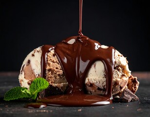 A scoop of melting chocolate ice cream with mint