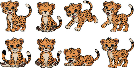 Cute cartoon cheetah cubs, playful baby leopards in various poses, cute animal illustration, happy wild cats © Md