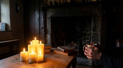 Person holding a warm mug by the fireplace, surrounded by glowing candles and old books on a wooden table, creating a comfortable and comforting atmosphere