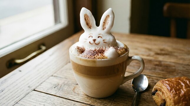 Cappuccino with a charming 3d rabbit latte art character standing in the foam, served on a rustic wooden table next to a croissant, offering a delightful breakfast or treat