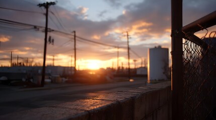 Obraz premium Warm golden sunset illuminates an industrial urban landscape with dramatic clouds and blurred foreground