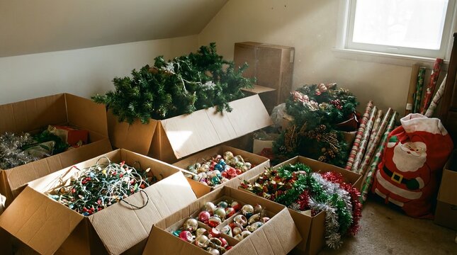 Cardboard boxes full of tangled christmas lights, colorful ornaments, holiday wreaths, a santa sack, and wrapping paper awaiting storage after the winter season