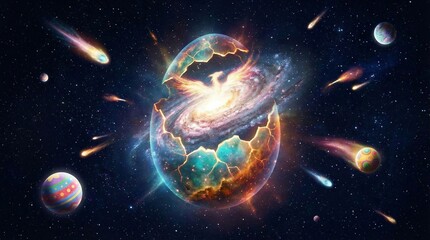 Cosmic egg cracking open to reveal a radiant phoenix rising from a swirling galaxy, symbolizing rebirth, new beginnings and cosmic transformation amid stars and comets