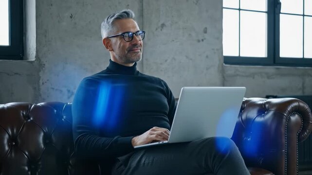 Confident silver-haired executive working on laptop while relaxing on leather sofa in modern loft office, concept for remote work presentation, digital strategy illustration and startup pitch