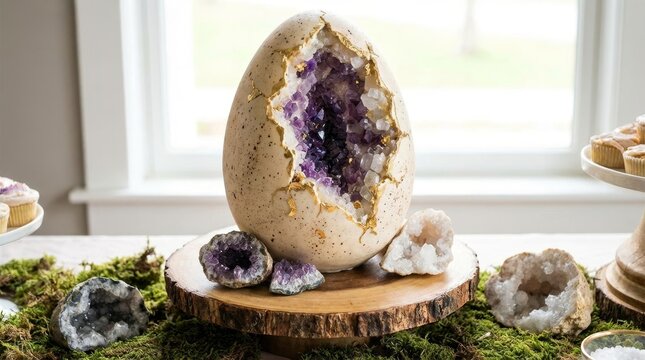 Geode egg cake featuring a stunning amethyst crystal interior and gold foil accents, displayed on a rustic wood slice surrounded by real crystal geodes and green moss